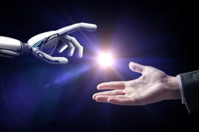 Robot arm reaching out to a human hand